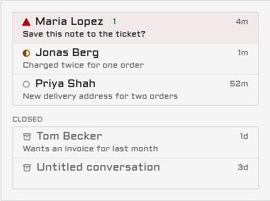 A durable agent's conversation list: one waiting, two open, two closed.