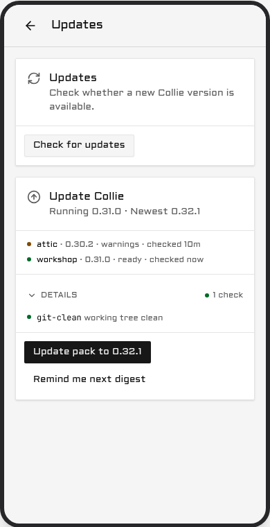 The Updates page on a lead, with the preflight per member and one button for the pack.