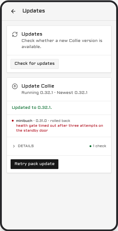 The Updates page after a peer rollback, with Retry pack update.